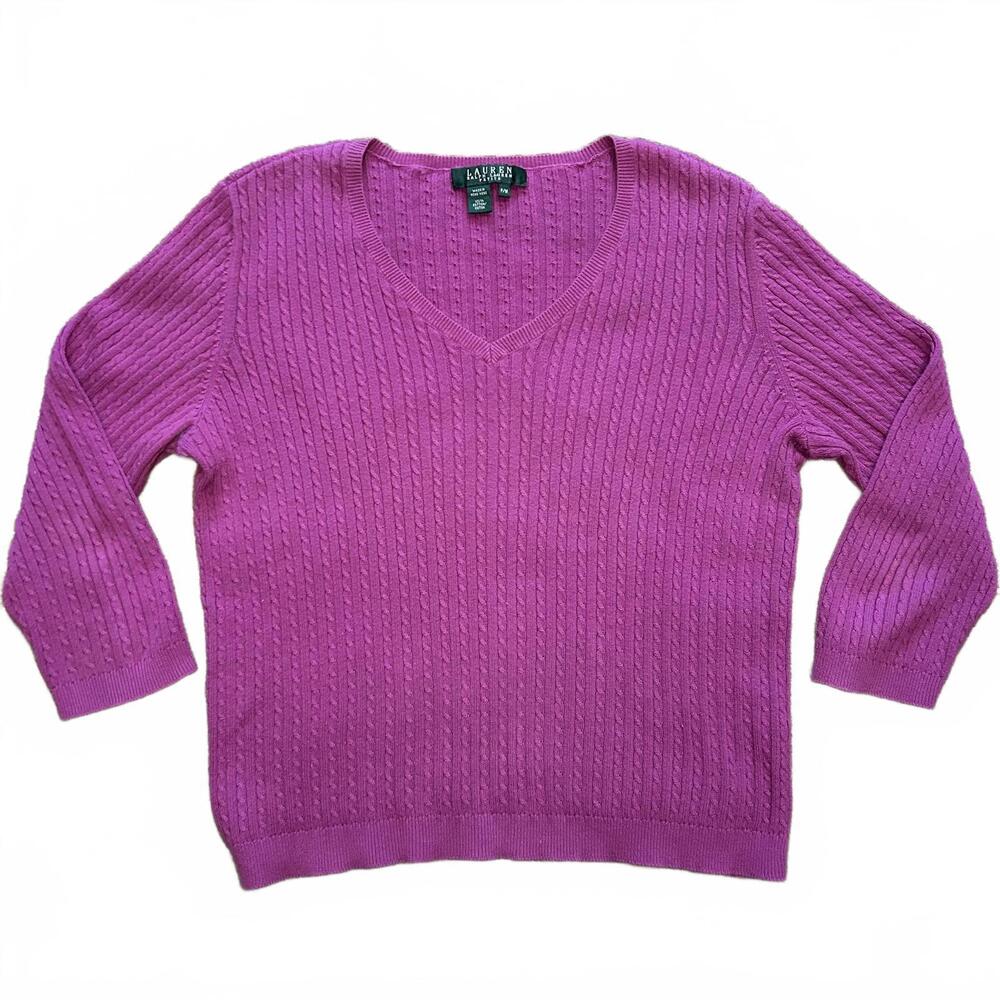 LRL Cable Knit Purple sweater 100% Cotton v-neck medium petite